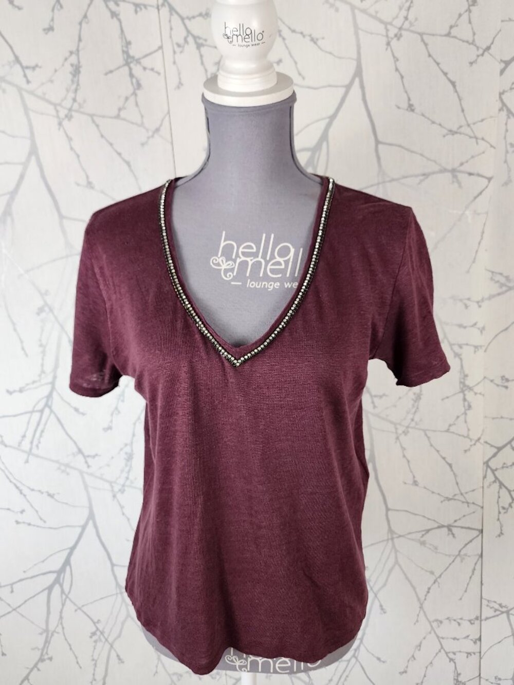Maje Burgundy 100% Linen Embellished V-Neck Top